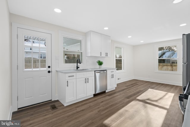 kitchen with dark hardwood / wood-style flooring, sink, stainless steel dishwasher, and white cabinets