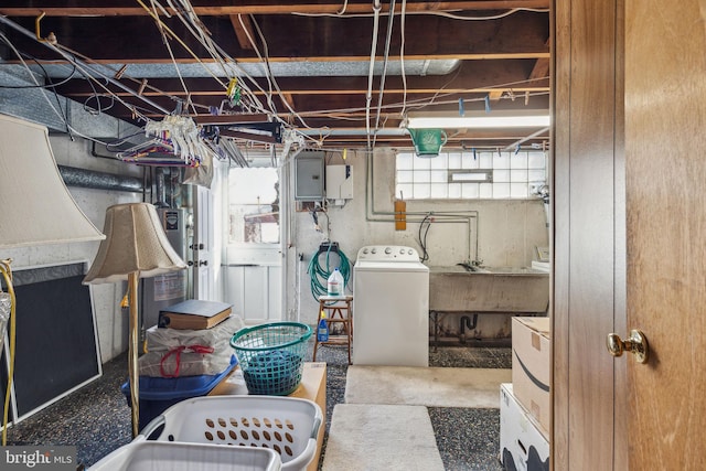 basement featuring plenty of natural light, washer / clothes dryer, electric panel, and sink