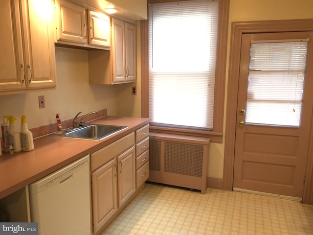 kitchen featuring a healthy amount of sunlight, sink, radiator heating unit, and dishwasher