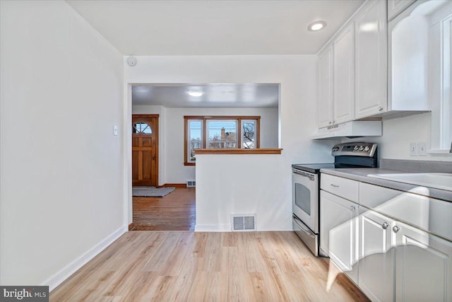 kitchen with stainless steel range with electric stovetop, light hardwood / wood-style floors, and white cabinets