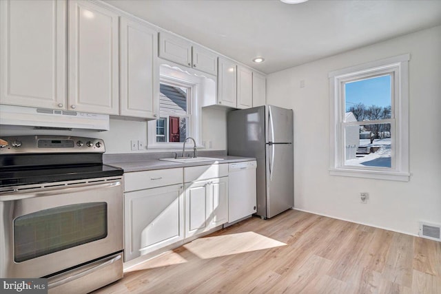 kitchen with white cabinetry, sink, light hardwood / wood-style flooring, and appliances with stainless steel finishes