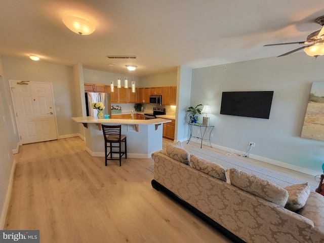 living room with light hardwood / wood-style flooring and ceiling fan