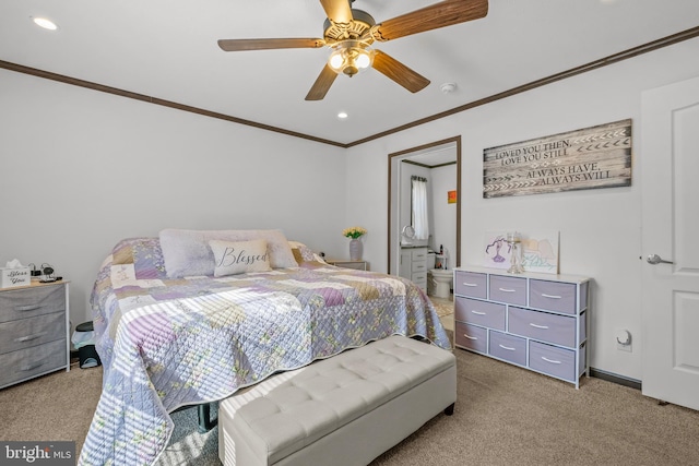 bedroom with light carpet, connected bathroom, crown molding, and ceiling fan