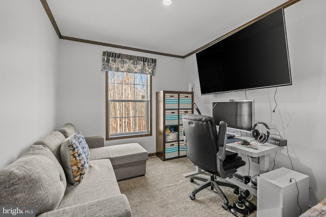 home office featuring crown molding and light carpet