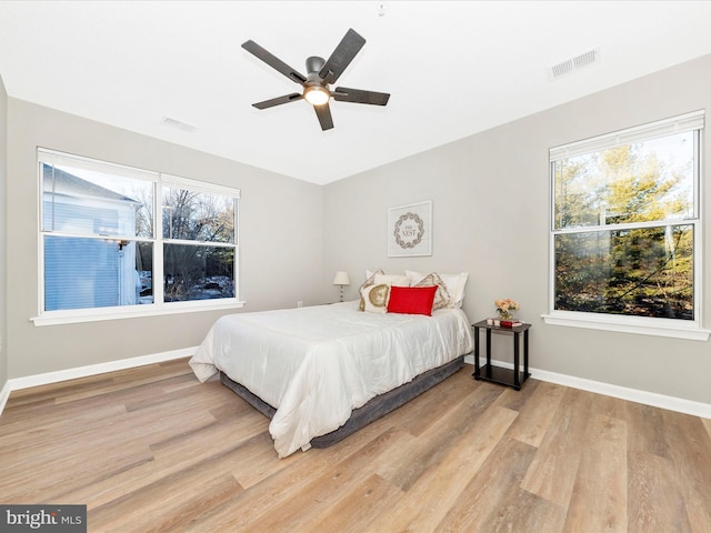 bedroom featuring light wood-type flooring and ceiling fan