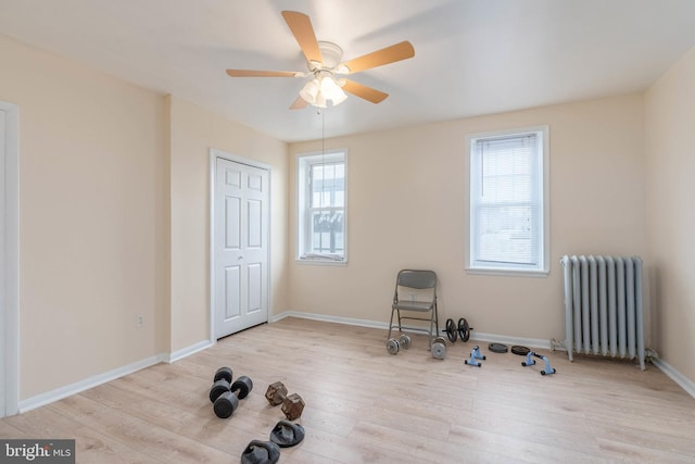 exercise room with radiator, light hardwood / wood-style flooring, and ceiling fan