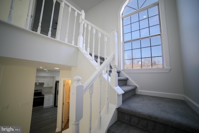 stairs featuring a towering ceiling