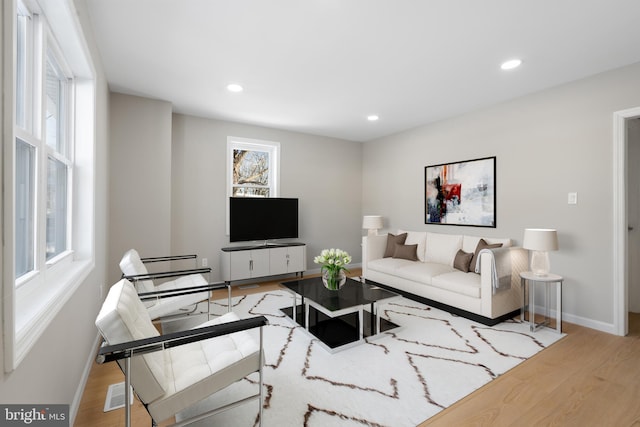 living room featuring a wealth of natural light and light hardwood / wood-style floors