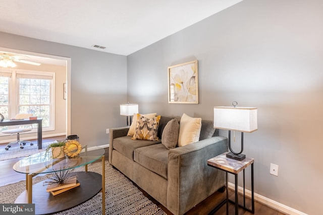 living room with ceiling fan