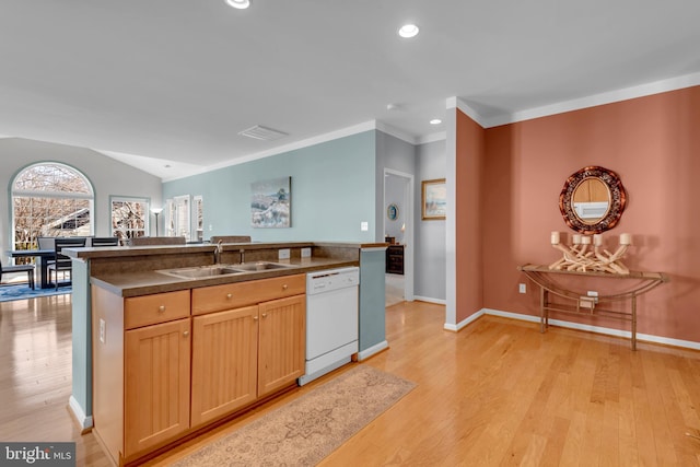 kitchen featuring sink, ornamental molding, white dishwasher, an island with sink, and light hardwood / wood-style floors