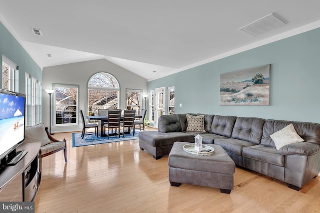 living room featuring vaulted ceiling and light hardwood / wood-style floors