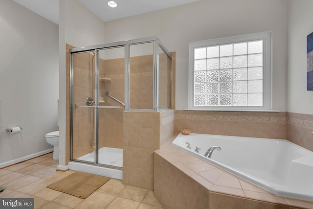 bathroom with tile patterned flooring, independent shower and bath, and toilet