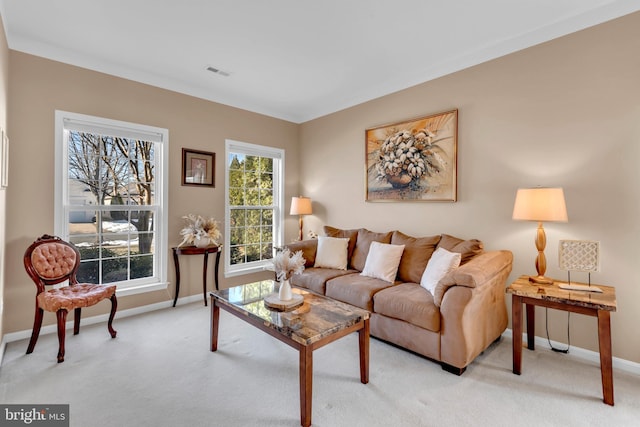 living room featuring light colored carpet