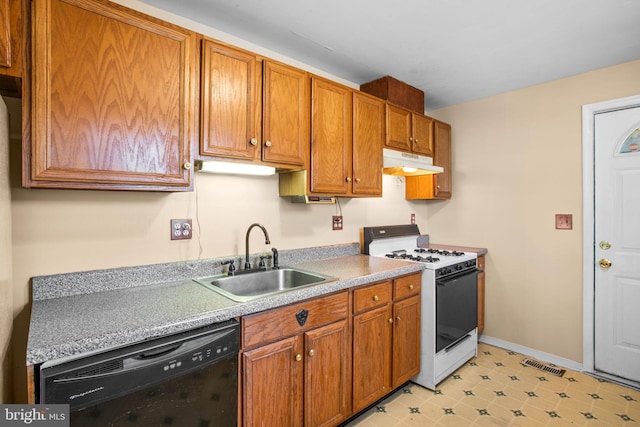 kitchen with dishwasher, white range with gas cooktop, and sink