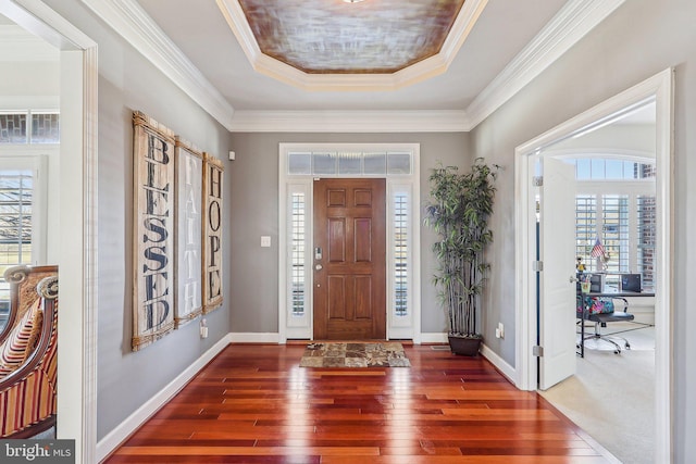 foyer with crown molding, dark wood-type flooring, and a raised ceiling