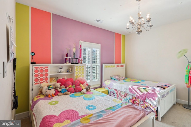 carpeted bedroom featuring an inviting chandelier and radiator heating unit