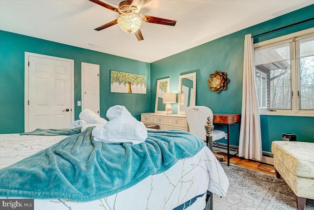 bedroom with ceiling fan and light wood-type flooring