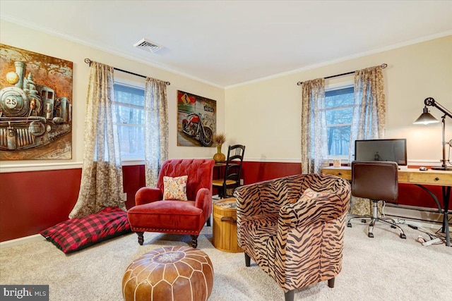 carpeted office featuring ornamental molding and a baseboard radiator