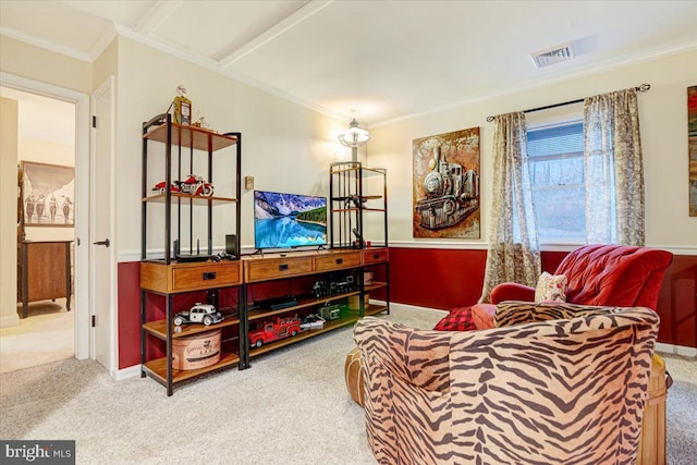 carpeted living room with crown molding