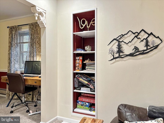 carpeted office with crown molding