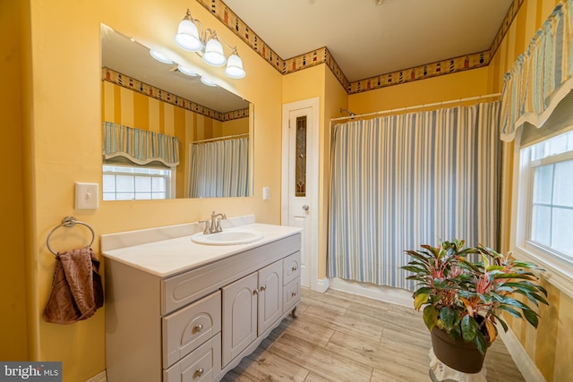 bathroom featuring a shower with curtain, vanity, and plenty of natural light