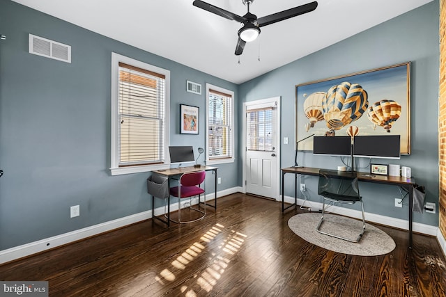 misc room featuring ceiling fan, dark hardwood / wood-style flooring, and vaulted ceiling