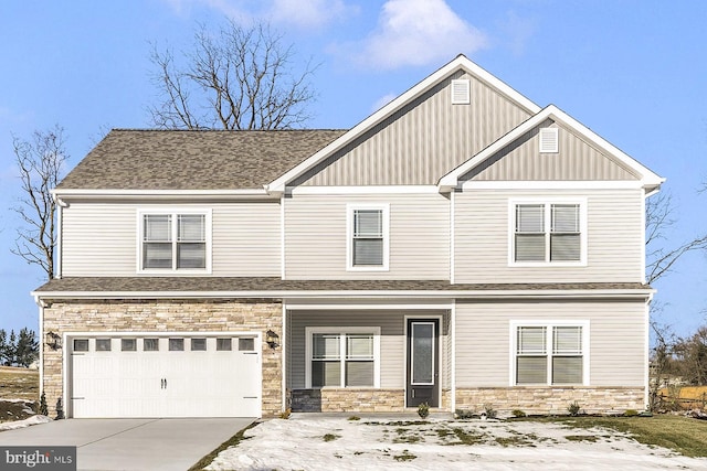 craftsman inspired home with stone siding, roof with shingles, an attached garage, and concrete driveway