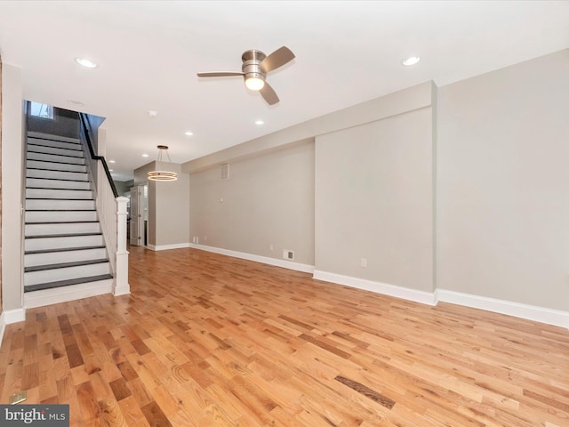 unfurnished living room featuring ceiling fan and light hardwood / wood-style flooring