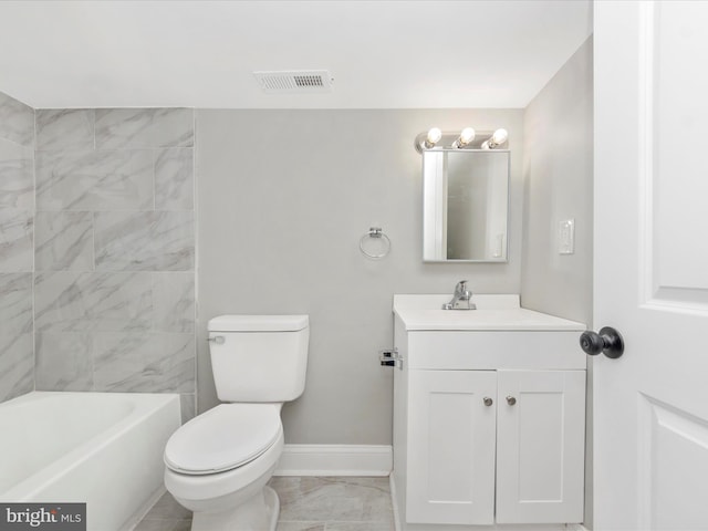 full bathroom featuring vanity, bathtub / shower combination, and toilet