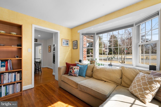 living room featuring built in features, a healthy amount of sunlight, baseboards, and wood finished floors