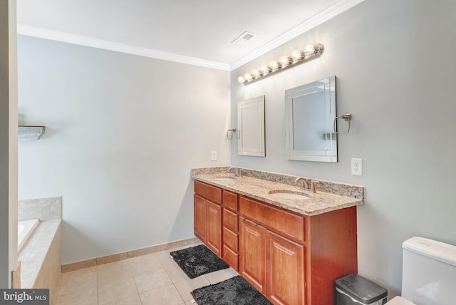 bathroom featuring vanity, ornamental molding, tiled bath, tile patterned floors, and toilet