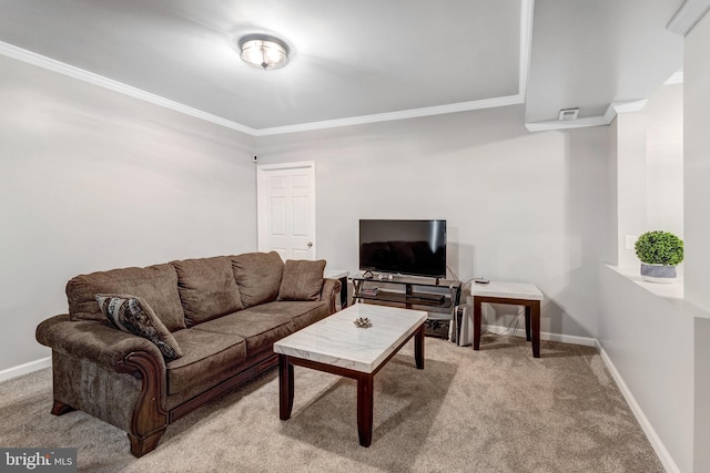 carpeted living room featuring ornamental molding