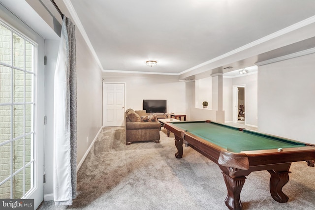 playroom with crown molding, pool table, and carpet flooring