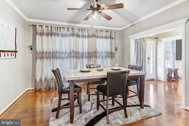 dining room with crown molding, hardwood / wood-style floors, and ceiling fan