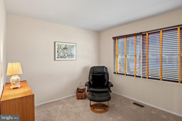 living area featuring light colored carpet