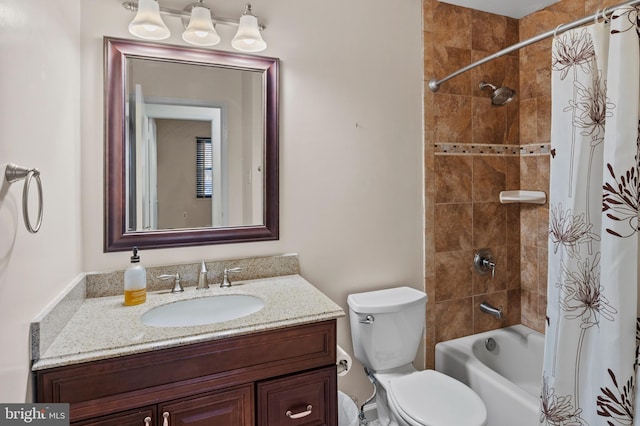 full bathroom featuring vanity, shower / tub combo with curtain, and toilet