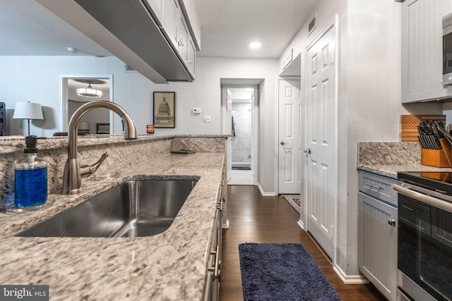 kitchen featuring light stone counters, stainless steel appliances, dark hardwood / wood-style floors, and sink