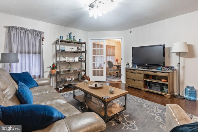 living room featuring dark hardwood / wood-style floors and french doors