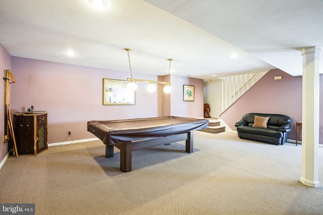 recreation room with billiards and carpet flooring