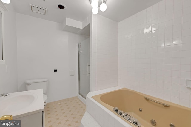 full bathroom featuring vanity, toilet, and separate shower and tub