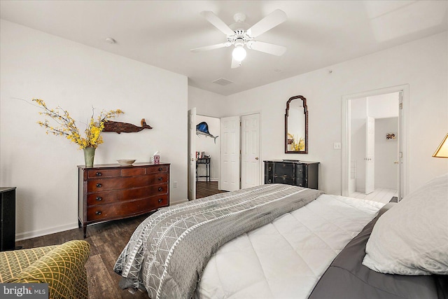 bedroom featuring dark wood-type flooring and ceiling fan