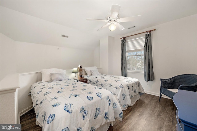 bedroom featuring lofted ceiling, dark hardwood / wood-style floors, and ceiling fan