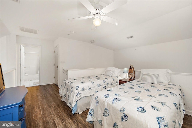 bedroom featuring ceiling fan and dark hardwood / wood-style flooring