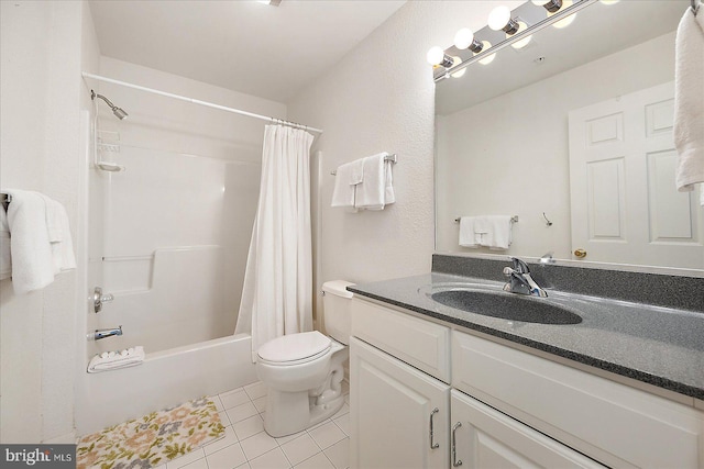 full bathroom with shower / bath combination with curtain, tile patterned floors, toilet, and vanity