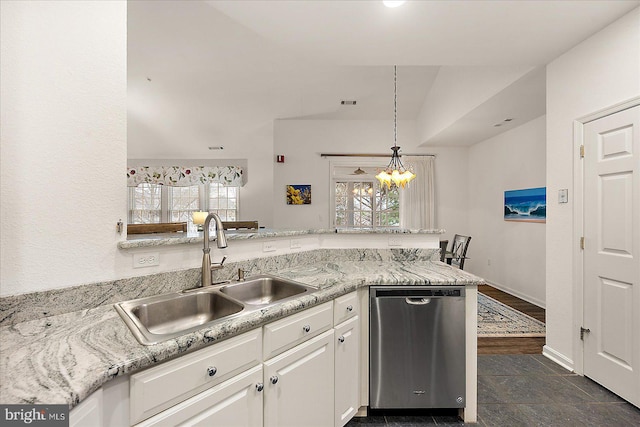 kitchen featuring dishwasher, sink, white cabinets, hanging light fixtures, and kitchen peninsula