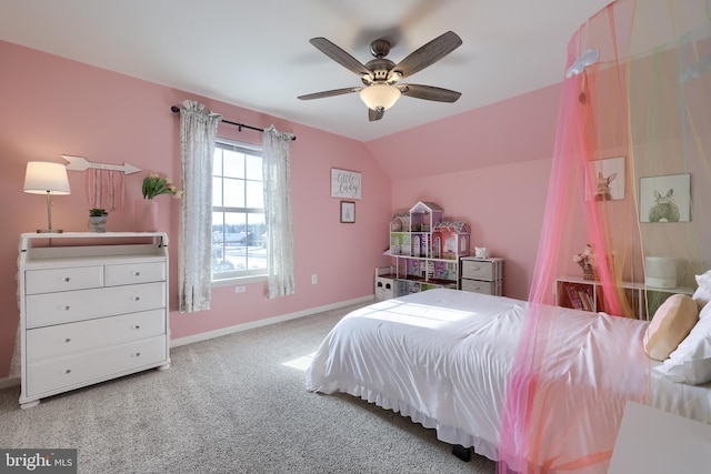 bedroom featuring ceiling fan, lofted ceiling, and carpet floors