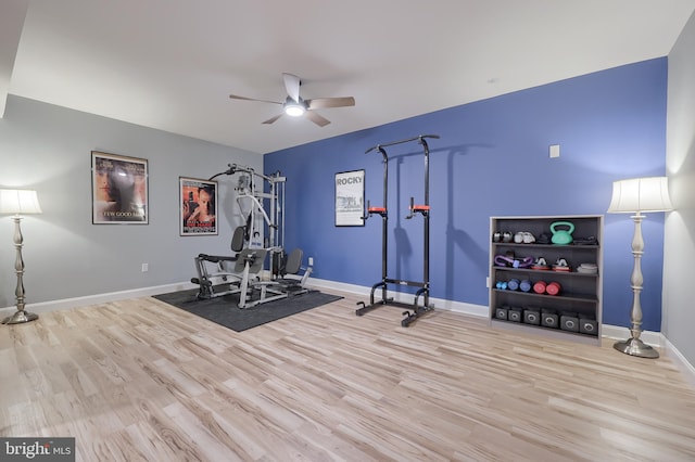 exercise room with ceiling fan and light wood-type flooring