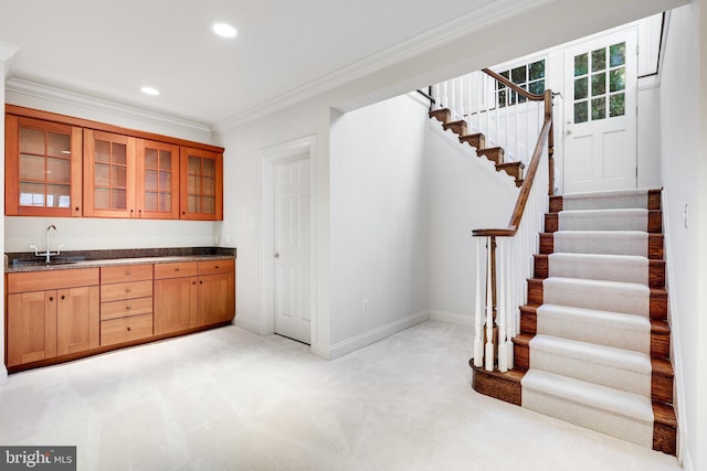 kitchen featuring ornamental molding, sink, and light colored carpet