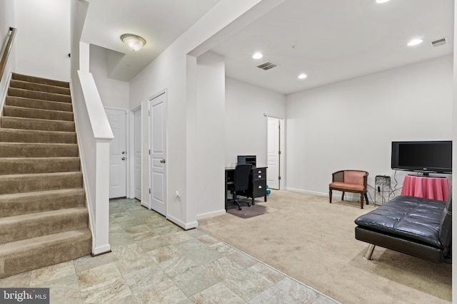 1324 Ray Ln, Glen Burnie, MD 21061 - interior space featuring visible vents, carpet, baseboards, and stairs