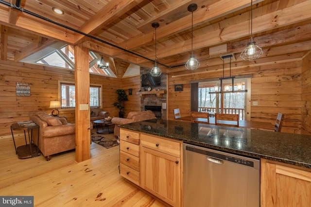 35 Blue Mountain Vw, Mc Henry, MD 21541 - kitchen featuring wood walls, stainless steel dishwasher, wooden ceiling, a wealth of natural light, and open floor plan
